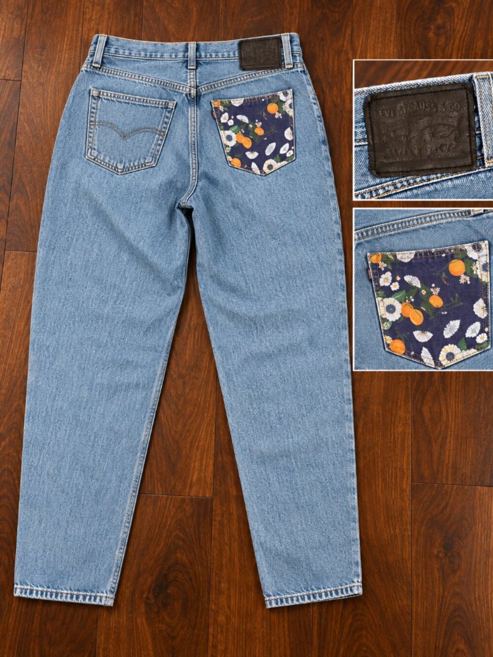 Reworked Levi’s Premium 80s Mom Jeans Size 30 Custom Citrus Orange Blossom Print